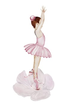 Ballet watercolor.Little Ballerina. Hand drawn incredible girl dancer in pink tutu skirt on a flower. Clip art on isolated white background of cute ballet beauty. Perfect for poster and cards, princess daughter room design. Thumbelina