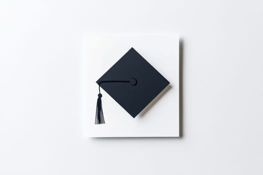 Clean and modern greeting card template featuring a simple black mortarboard illustration on a white background. the design offers a blank center, perfect for personalized graduation announcements or messages. elegant and versatile.