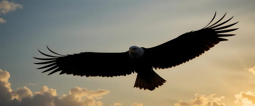A majestic silhouette soars against twilight's tender embrace. Wings outstretched, it glides through sunset whispers, evoking awe and freedom's boundless dance.
