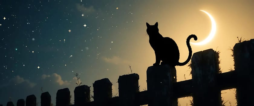 Under a starlit sky, a solitary cat perches on a weathered fence, gazing at the crescent moon. The night's cool whisper and the gentle glow cast an enchanting, serene spell. A moment of quiet reflection in the embrace of nature's tranquil beauty.