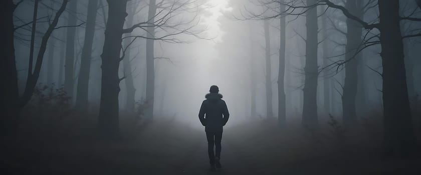 Lost in the mist, a lone figure trudges through the spectral woods. Eerie silence, pierced by distant whispers. Chill fog clings, as hope flickers in the muted light.