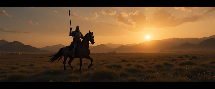 A lone rider silhouetted against a golden sunset, the vast wilderness whispers tales of courage and solitude. The horse's mane dances in the twilight breeze as the warrior, armed with quiet determination, ventures into the unknown, evoking a sense of hope tinged with melancholy.