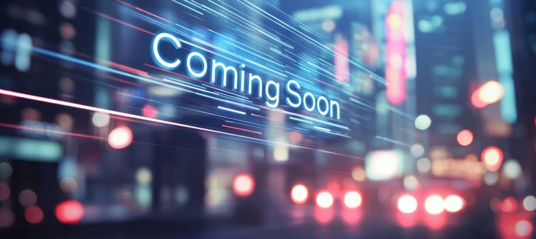 A contemporary "coming soon" design features a transparent glass effect over a blurred cityscape background. the subtle glowing lines and dynamic shadows add depth, creating an engaging visual perfect for marketing and promotional use.