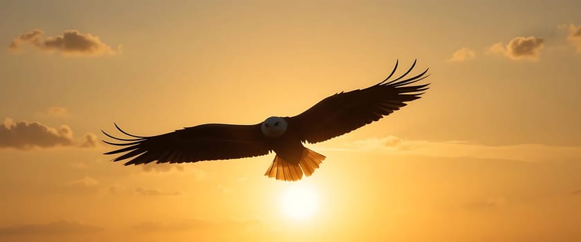 A silhouetted eagle soars against a golden sunset, its wings stretched wide in triumphant flight. The sky burns with hues of amber and orange, evoking a sense of freedom, majesty, and the boundless spirit of the wild, as clouds drift like distant dreams.
