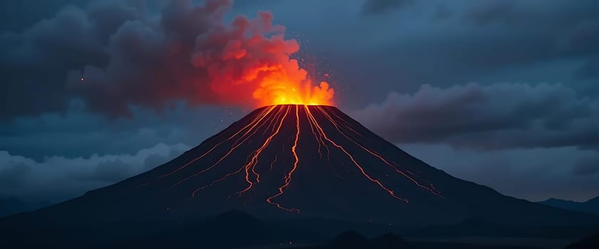 A fiery beast awakens, spewing molten tears into the stormy night. Fear and awe mingle as the earth trembles under its wrath, the sky aglow with primal fury.