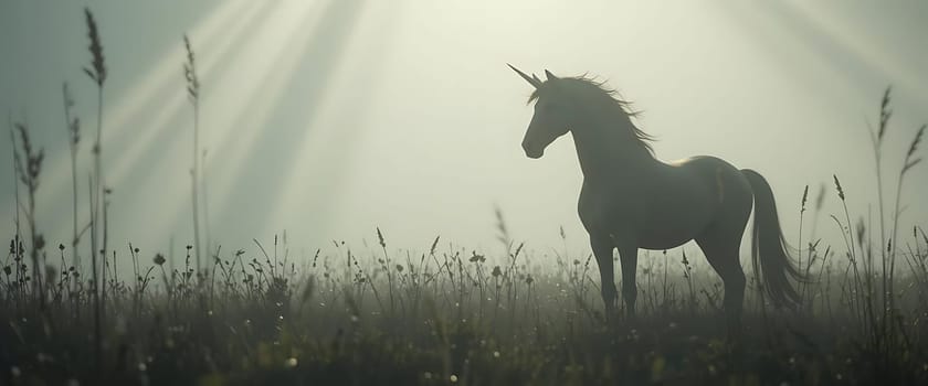 A mystical unicorn emerges from dawn's gentle mist, its silhouette etched against golden sunbeams. The serene meadow whispers with tall grasses swaying, as a sense of wonder and tranquility envelops the scene. Hope and magic intertwine in this ethereal moment.