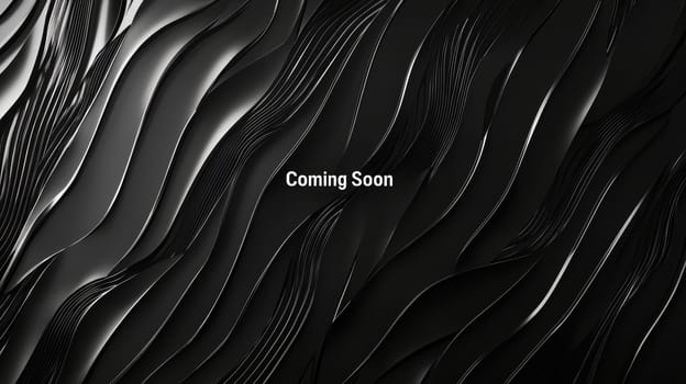 A sleek, minimalist black and white poster featuring "coming soon" elegantly embossed in the center. the background showcases subtle spotlighting with flowing, abstract lines, creating a sophisticated, cinematic ambiance ideal for promotions.