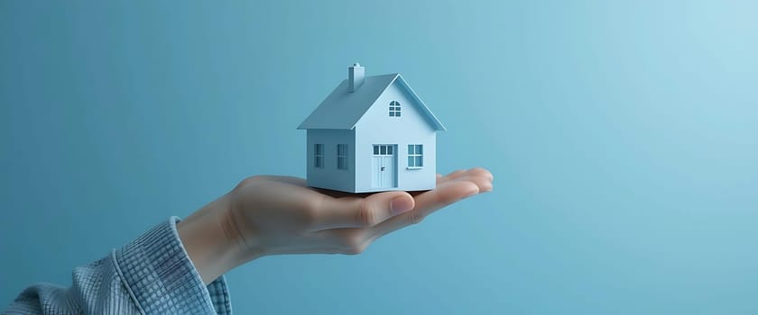 A gentle hand cradles a tiny dream home against a serene blue sky, evoking tender hopes and the comfort of belonging. The miniature house, pristine and perfect, nestles in the palm, stirring feelings of security and endless possibilities. The soft, cool hues of the background whisper calm and tranquility, inviting you to imagine a peaceful haven.