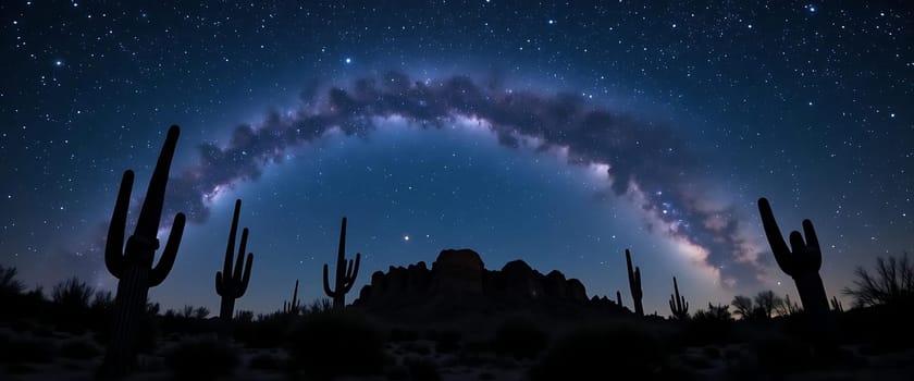 Beneath a velvet sky, stars cascade like diamonds. Towering cacti stand sentinel in the quiet desert, bathed in ethereal moonlight. A serene, endless night whispers secrets to the dreaming earth.