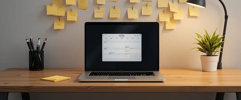 A serene workspace bathes in soft light, where a laptop hums with quiet purpose. Yellow notes flutter like optimistic whispers, while a lonely plant dreams of growth. The room is a sanctuary, a haven for thoughts and ambitions, where every pencil and sticky note tells a story of dreams woven into reality.