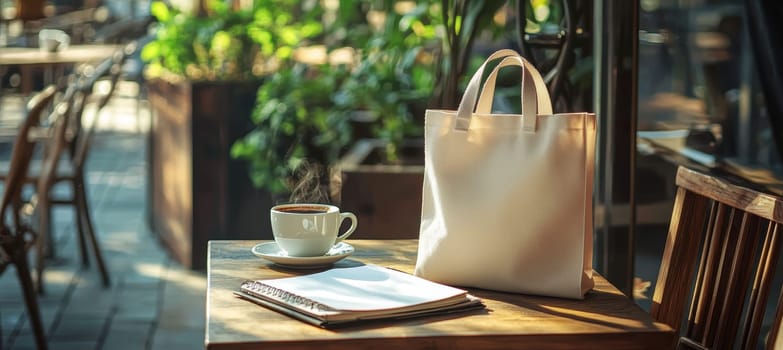 Tote bag elegantly displayed on a sunny cafe patio table, accompanied by a steaming coffee cup and an open notebook. the scene conveys a relaxed and inspiring workspace, perfect for creative thinking or leisurely moments.