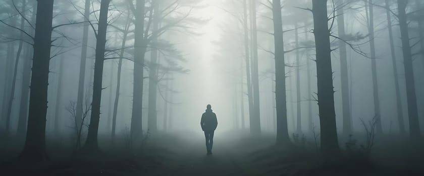 Lost in mist, a lone figure treads through a spectral forest, the silence as thick as the fog. A chill lingers, as if the trees themselves whisper secrets, creating an eerie, haunting solitude. The faint light barely pierces the gloom, leaving an unsettling hush that prickles the skin.