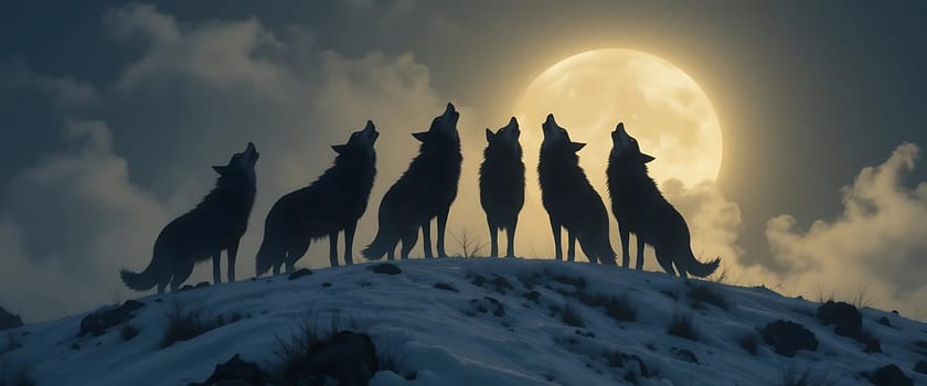 Beneath a glowing moon, six wolves howl in unity, their silhouettes stark against the snowy ridge. A haunting symphony echoes, melding with the cold night air. Loneliness and camaraderie intertwine, as primal calls pierce the silence.
