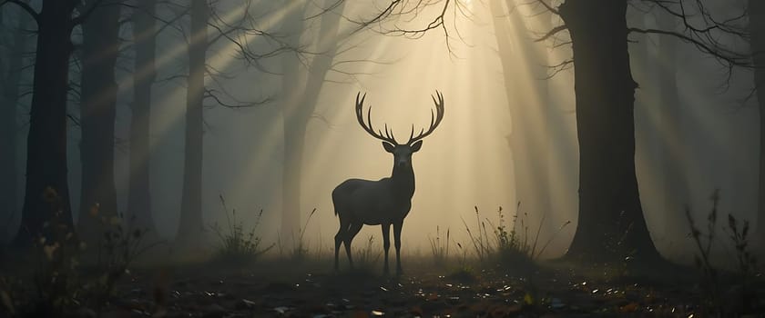 In a hallowed forest, a regal stag stands, bathed in ethereal light. Mist hugs the earth, as ancient trees whisper secrets. Awe and tranquility merge, evoking wonder and reverence for nature's majesty.