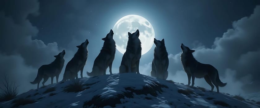 Under the moon's ethereal glow, six wolves howl into the night, their silhouettes stark against the icy, indigo sky. A haunting chorus echoes through the frost-kissed air, stirring a primal longing. The wind whispers secrets as the pack unites, their cries a symphony of wild, untamed freedom.