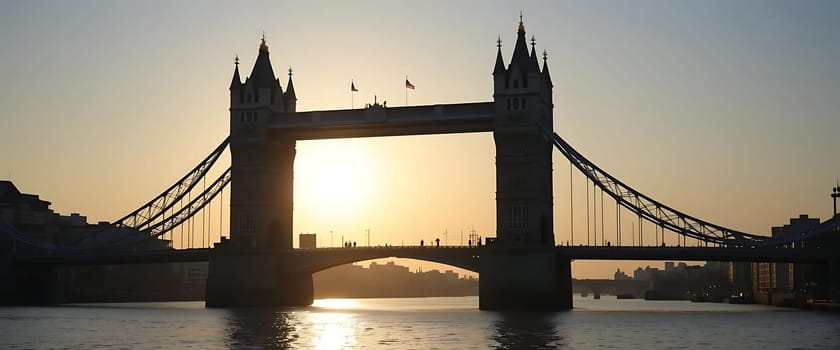 As the sun slowly sets, silhouetting London's iconic bridge against a golden sky, a quiet majesty pervades. The city's heartbeat slows, and a serene calm blankets the river, evoking a sense of timeless tranquility and hushed reverence.
