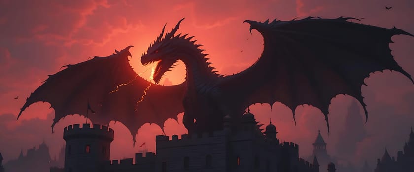 In a crimson dusk, a dragon's silhouette reigns over ancient towers, fiery eyes ablaze with untamed power. Fear and awe intertwine as shadows dance in its wake.