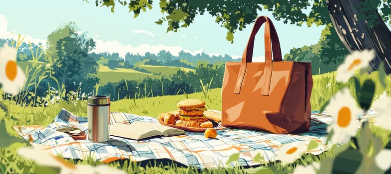 A picturesque picnic setup features a stylish tote bag on a blanket surrounded by snacks, a thermos, and an open book. set against a sunny green landscape, this inviting scene embodies leisure and outdoor relaxation.