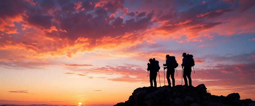 Silhouetted figures stand atop a rugged summit, their journey bathed in the fiery hues of dawn. The sky, aflame with oranges and reds, whispers tales of triumph and camaraderie. The vast expanse below echoes the solitude and grandeur, a serene moment of achievement and reflection.