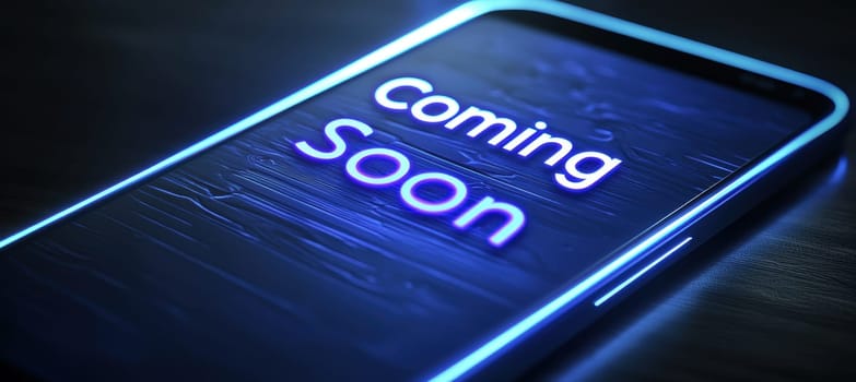 A modern smartphone is bathed in a faint glow, featuring the words coming soon in a sleek, futuristic font. the image highlights innovation and anticipation, ideal for technology marketing and promotional campaigns.