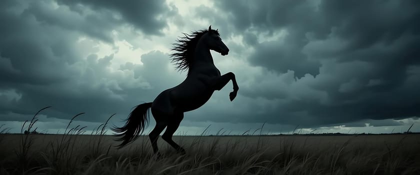 A lone horse dances with the storm, silhouetted against moody skies. Raw power meets serene grace as winds whisper through the grass, evoking a sense of wild freedom and untamed spirit.