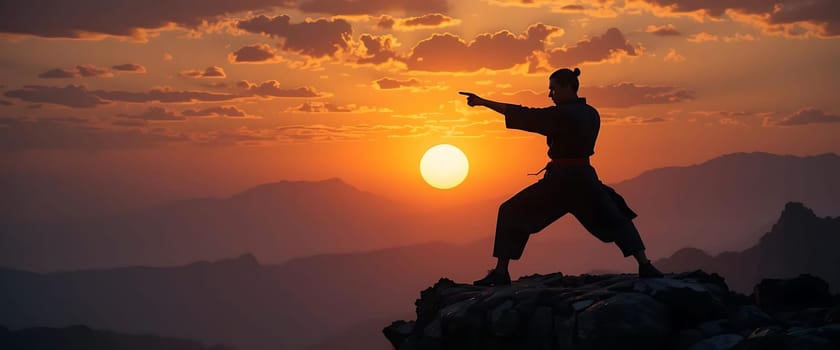 Silhouetted against a fiery sunset, a lone warrior dances on a mountaintop, invoking ancient spirits. Wind whispers through rugged peaks, echoing timeless strength and solitude. The world below fades as inner power ignites, melding with the sun's radiant embrace.