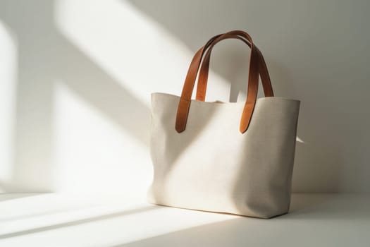 Elegant eco-friendly canvas tote bag featuring leather straps, displayed on a minimalist white background. subtle shadows highlight the bag's texture, making it perfect for fashion and sustainability-focused designs or promotional materials.