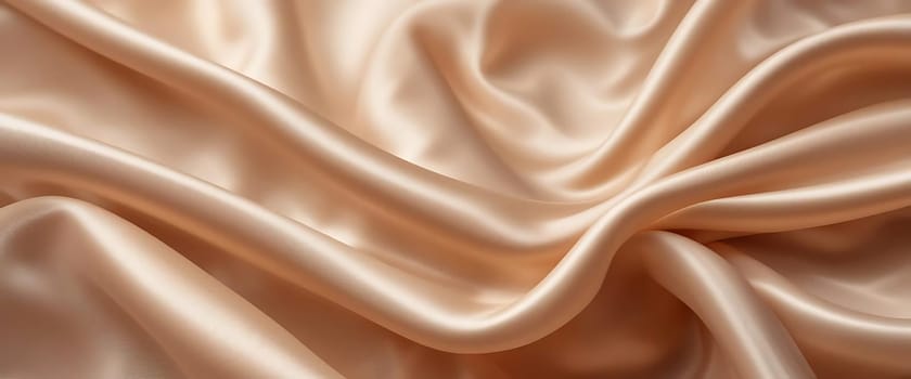 Luxurious champagne silk billows like a tranquil sea, its softness whispering elegance. Light dances on its surface, evoking serene warmth and opulence.