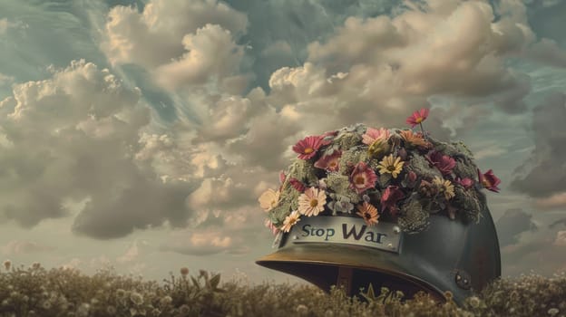 Soldier's helmet filled with vibrant flowers symbolizes peace and anti-war sentiment against a serene meadow backdrop, with the message "stop war" in the sky. a powerful image conveying hope and tranquility amid conflict.