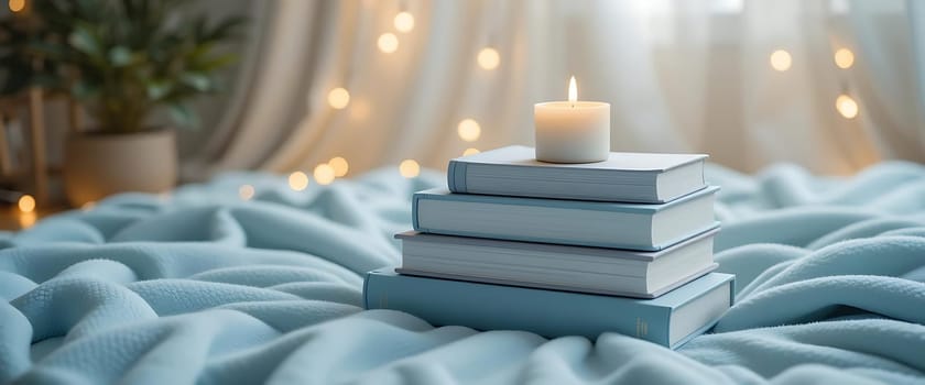 Soft candlelight flickers atop a stack of well-loved books, nestled on a plush, sky-blue blanket. String lights twinkle gently, casting a cozy glow. The room whispers tranquility, inviting a quiet evening of stories and dreams.