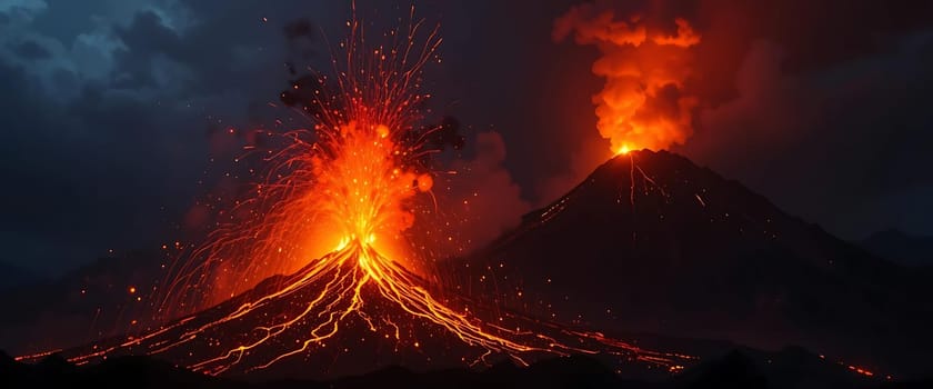 Red embers dance as the mountain roars, fiery tendrils paint the night. Awe and fear intertwine under the smoldering sky.