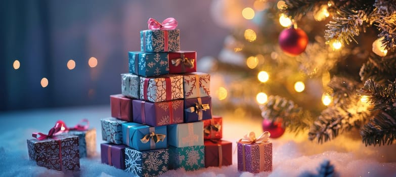 A vibrant advent calendar features stacked gift boxes with unique patterns and red bows, set against a backdrop of a glowing christmas tree. snowflake decorations and ornaments add to the festive, wintry atmosphere.