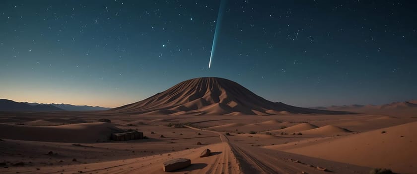 Beneath a blanket of stars, a solitary mountain stands in the desert night. A celestial beam pierces the sky, illuminating the dunes. Silence whispers secrets, and vastness fills the soul with awe and quiet longing.