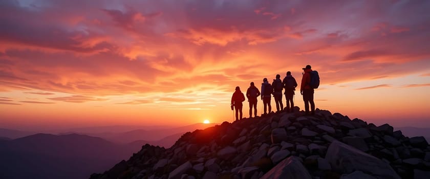 Silhouetted figures stand united atop a craggy peak, bathed in the fiery embrace of twilight. Wisps of crimson and gold paint the expansive sky, as if nature itself whispers triumph and camaraderie. The cool, fleeting breeze carries echoes of their journey, mingling with the serene silence of the fading day.
