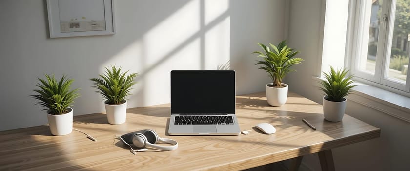 Sunlight streams through the window, casting a gentle glow on the wooden desk. A laptop sits open, poised for inspiration. Three potted plants breathe life into the serene workspace. The atmosphere is calm, inviting creativity and focus. The air seems to whisper possibilities, promising a day of tranquil productivity.
