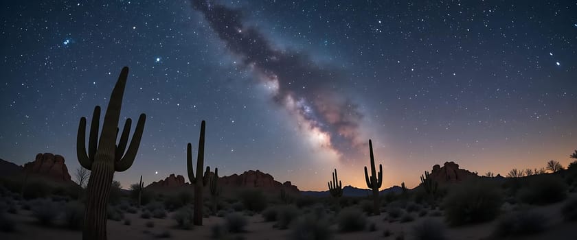Beneath a velvet night, stars whisper secrets to towering cacti. The Milky Way's glow bathes the desert in quiet majesty, evoking a sense of awe and tranquility. Silence hums, as ancient rocks bear witness to the universe's silent dance.