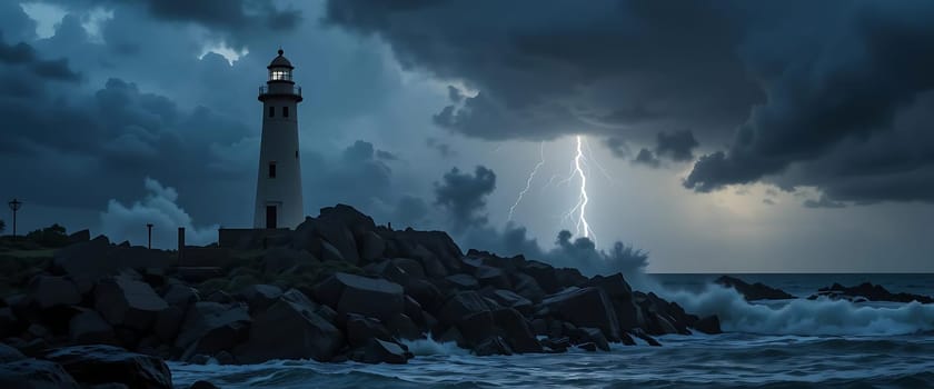 A lighthouse stands defiant against dark storm clouds, as jagged lightning tears the sky. Waves crash against the rocks, echoing nature's raw power and solitude's stark beauty.