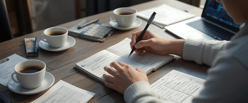 In the dim, cozy room, hands dance with pens, etching dreams onto paper. Coffee aroma wafts, mingling with the rustle of notes. Time stands still; ambition whispers in every stroke.