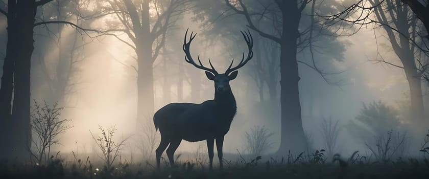 In a misty, ethereal forest, a majestic stag stands, his silhouette stark against the ghostly light. The air is thick with mystery, as the ancient trees whisper secrets. A sense of awe and quiet reverence fills the heart.