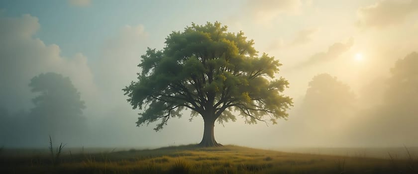 Misty dawn illuminates a solitary tree, its leaves whisper secrets to the golden rays. Tranquility envelops the dew-kissed field, a serene sanctuary for the soul.