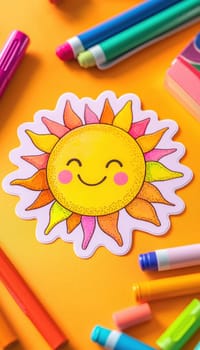 A die cut sticker featuring a cheerful sun illustration is applied to a child's art notebook. surrounding the notebook are vibrant crayons and markers, creating a playful and colorful scene perfect for inspiring creativity and imagination.