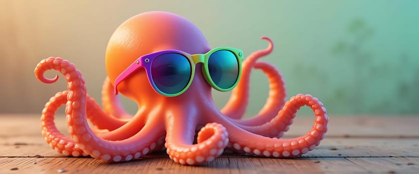 A playful octopus basks in the sun, donning vibrant sunglasses with a laid-back charm. Its tentacles stretch in a carefree dance, evoking a whimsical summer day filled with joy and laughter. The warm sunlight and vivid colors create an atmosphere of pure, unadulterated fun.