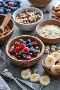 Heart-healthy breakfast featuring bowls of oatmeal topped with vibrant berries, alongside nuts and sliced bananas. a perfect combination of nutritious ingredients ideal for a wholesome start to the day, promoting a balanced diet.