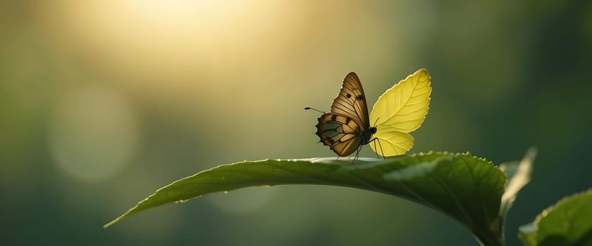 A delicate butterfly rests on a leaf, bathed in warm sunlight filtering through lush greenery. The tranquil moment whispers of nature's gentle beauty, evoking a sense of calm and serenity.
