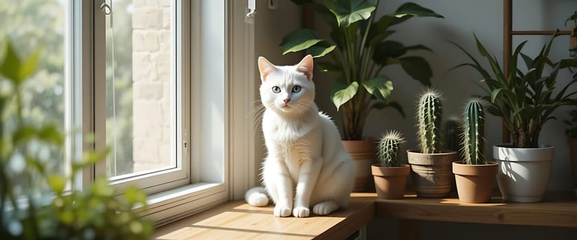 A serene sunlit nook where a curious white cat sits, surrounded by verdant plants, invoking a sense of calm and warmth.