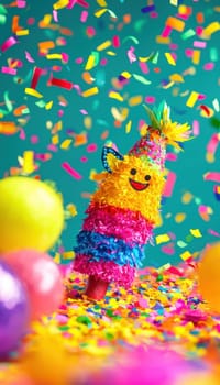 Vibrant birthday greeting card design featuring a colorful pinata adorned with rainbow stripes and a party hat, surrounded by cheerful multicolored confetti over a bright blue background. perfect for festive birthday celebrations and invitations.
