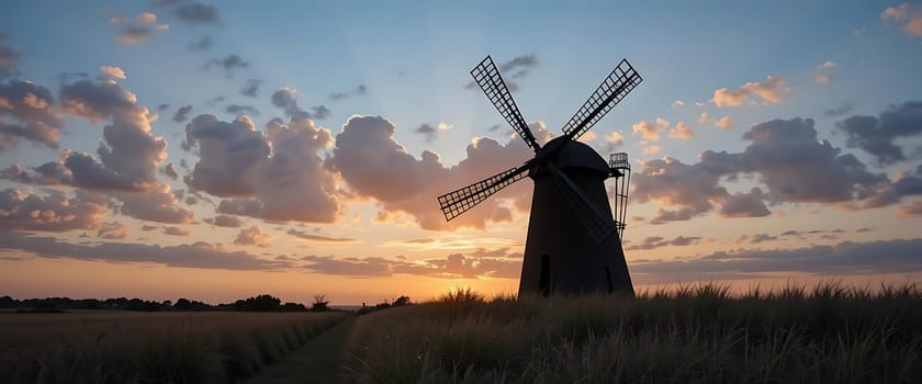 Against a fiery sunset, a lone windmill stands tall, its silhouette etched against the golden sky. The air is still, yet filled with the whispers of history. Golden fields sway in gentle twilight, evoking a sense of tranquility and timeless beauty.