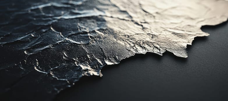 High-contrast image showcasing a tear in glossy black paper with a textured silver foil beneath. ideal for luxury-themed advertising, emphasizing elegance and sophistication through contrasting materials and sleek design.