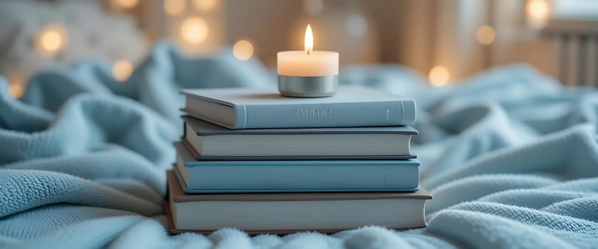 Soft blue books rest under a flickering candle, nestled in cozy blankets. Warmth and tranquility embrace the scene, inviting quiet reflection and comforting solitude. The gentle glow of distant lights adds to the serene, calming atmosphere.
