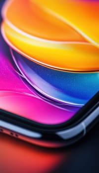 Glossy vinyl sticker on a smartphone case showcasing intricate abstract patterns with vivid gradients. the high-detail close-up highlights the smooth edges and the vibrant interplay of colors, adding a striking visual element to the device.